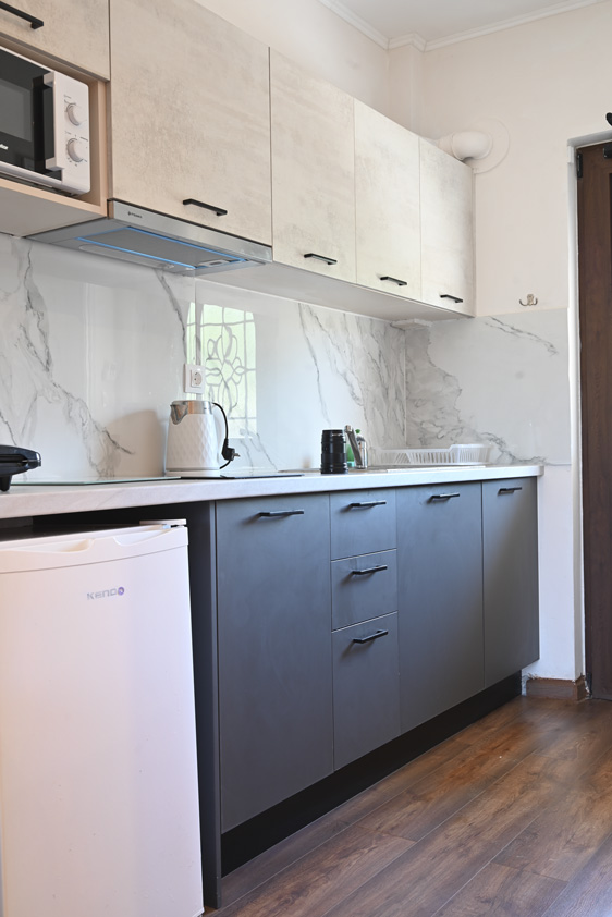 Cooking amenities and fridge Roumanis Deluxe studio kitchen